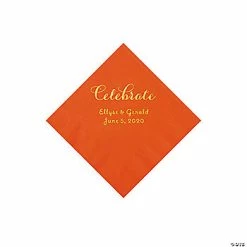 Discount 😉 Orange Celebrate Personalized Napkins with Gold Foil - Beverage 🧨