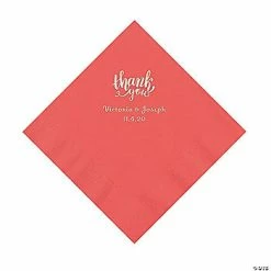 Discount 🎁 Coral Thank You Personalized Napkins with Silver Foil - Luncheon ⭐