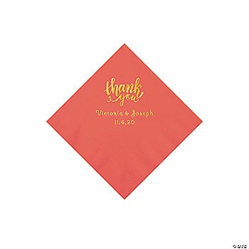 Promo ✨ Coral Thank You Personalized Napkins with Gold Foil - Beverage 🌟 1 Promo ✨ Coral Thank You Personalized Napkins with Gold Foil - Beverage 🌟