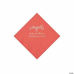 Hot Sale ❤️ Coral Congrats Personalized Napkins with Silver Foil - Beverage 🌟