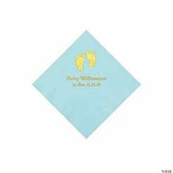 Hot Sale 🔔 Light Blue Baby Feet Personalized Napkins with Gold Foil - 50 Pc. Beverage ⭐