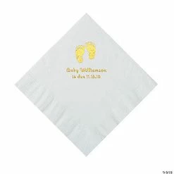 Deals 🎉 White Baby Feet Personalized Napkins with Gold Foil - 50 Pc. 💯