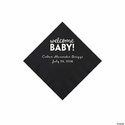 Best Sale ❤️ Black Welcome Baby Personalized Napkins with Silver Foil - 50 Pc. Beverage 🧨