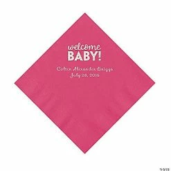 Cheap 🧨 Hot Pink Welcome Baby Personalized Napkins with Silver Foil - 50 Pc. Luncheon ⌛