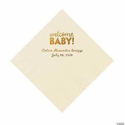 Hot Sale 😀 Ivory Welcome Baby Personalized Napkins with Gold Foil – 50 Pc. Luncheon ✔️
