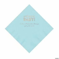 Hot Sale 👏 Light Blue Welcome Baby Personalized Napkins with Silver Foil – 50 Pc. Luncheon 👏