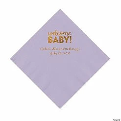 Wholesale ❤️ Lilac Welcome Baby Personalized Napkins with Gold Foil – 50 Pc. Luncheon 👏