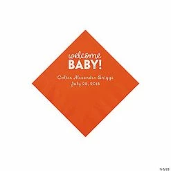 Discount 🛒 Orange Welcome Baby Personalized Napkins with Silver Foil - 50 Pc. Beverage 🥰