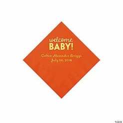 Hot Sale ⭐ Orange Welcome Baby Personalized Napkins with Gold Foil - 50 Pc. Beverage ⌛