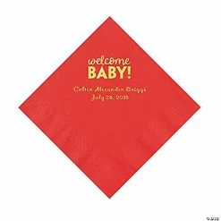 Cheap 🔔 Red Welcome Baby Personalized Napkins with Gold Foil - 50 Pc. Luncheon 😍