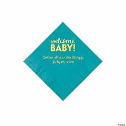 Best Sale 🧨 Turquoise Welcome Baby Personalized Napkins with Gold Foil - 50 Pc. Beverage 🤩