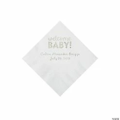 Best Sale 🤩 White Welcome Baby Personalized Napkins with Silver Foil - 50 Pc. Beverage 😀