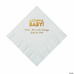 Best Sale 😀 White Welcome Baby Personalized Napkins with Gold Foil - 50 Pc. Luncheon 🌟