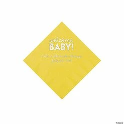Discount ❤️ Yellow Welcome Baby Personalized Napkins with Silver Foil - 50 Pc. Beverage 🥰