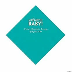 Brand new 🛒 Teal Welcome Baby Personalized Napkins with Silver Foil - 50 Pc. Luncheon ⌛