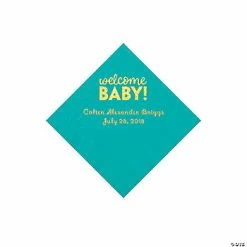 Best Pirce 🤩 Teal Welcome Baby Personalized Napkins with Gold Foil - 50 Pc. Beverage 😀