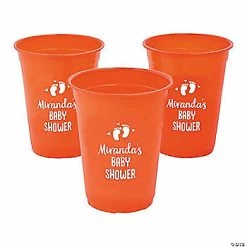 Promo ⌛ Orange Personalized Baby Shower Footprints Plastic Cups - 40 Pc. 🧨