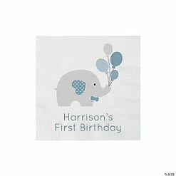 Promo 🥰 Personalized 1st 🥳 Birthday Boy Elephant Paper Beverage Napkins - 50 Pc. ⭐