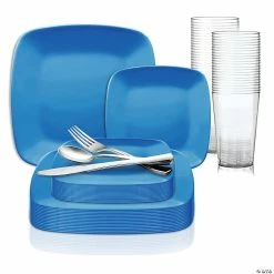 Cheapest π₯° Blue Flat Rounded Square Disposable Plastic Dinnerware Value Set (120 Settings) π