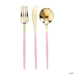 Discount 💯 Gold with Pink Handle Moderno Disposable Plastic Cutlery Set - Spoons, Forks and Knives (240 Guests) 🎁