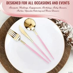 Flash Sale 🥰 Gold with Pink Handle Moderno Disposable Plastic Dinner Knives (240 Knives) 💯 -Party Tableware Shop gold with pink handle moderno disposable plastic dinner knives 240 knives14273819 a03