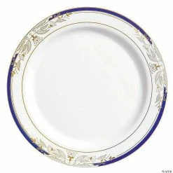 Best Sale 👏 Kaya Collection 10.25" White with Blue and Gold Harmony Rim Plastic Dinner Plates (120 Plates) 🤩