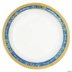 Outlet 🤩 Kaya Collection 10.25" White with Blue and Gold Royal Rim Plastic Dinner Plates (120 Plates) 👍