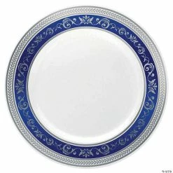 Coupon ❤️ Kaya Collection 10.25" White with Blue and Silver Royal Rim Plastic Dinner Plates (120 Plates) ❤️