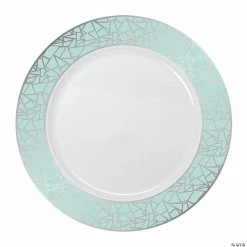 Coupon 🎁 Kaya Collection 10.25" White with Turquoise Blue and Silver Mosaic Rim Round Plastic Dinner Plates (120 Plates) 💯