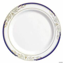 Best Pirce 🤩 Kaya Collection 7.5" White with Blue and Gold Harmony Rim Plastic Appetizer/Salad Plates (120 Plates) ⌛