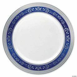 Promo ❤️ Kaya Collection 7.5" White with Blue and Silver Royal Rim Plastic Appetizer/Salad Plates (120 Plates) 🌟