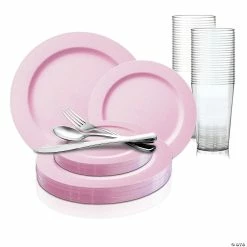 Discount π Matte Pink Round Disposable Plastic Dinnerware Value Set (60 Settings) β