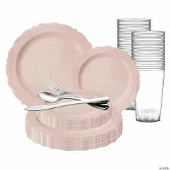New 🎉 Pink Vintage Round Disposable Plastic Dinnerware Value Set (60 Settings) 🎉