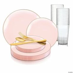 Discount 🌟 Pink with Gold Organic Round Disposable Plastic Dinnerware Value Set (120 Settings) ✨