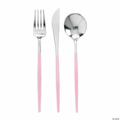 New 🎁 Silver with Pink Handle Moderno Disposable Plastic Cutlery Set - Spoons, Forks and Knives (60 Guests) 🥰